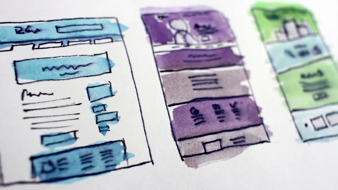 Hand-drawn wireframe sketches of different website layouts